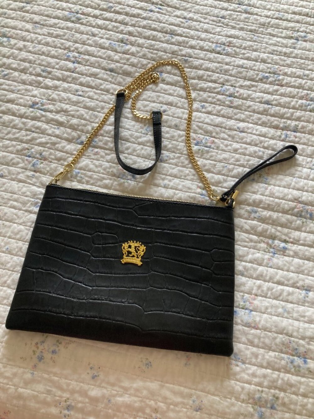 NEW Pratesi Firenze Bag Black Croc Print Leather Crossbody Chain (gold)